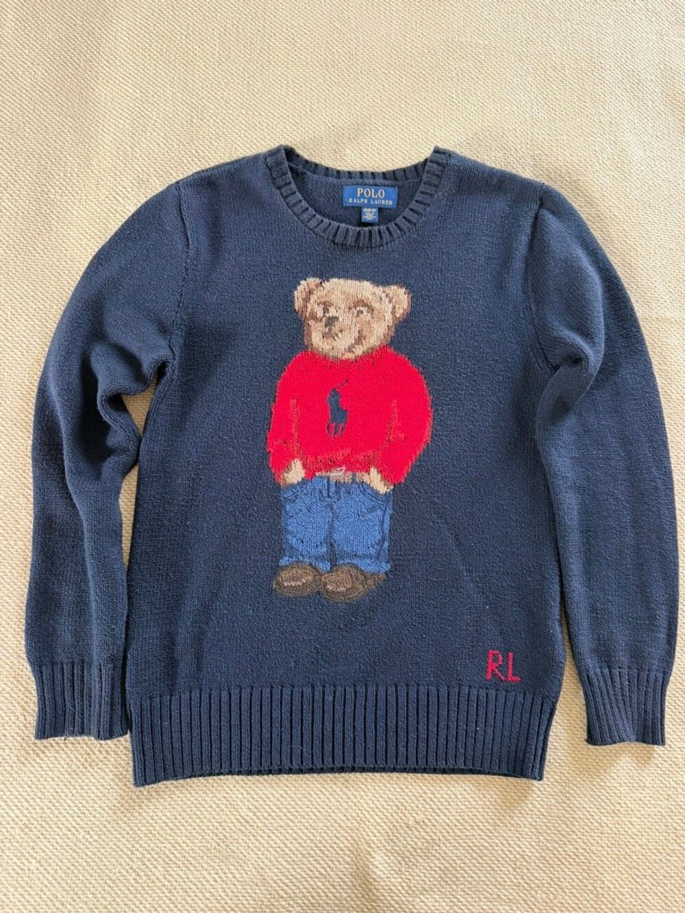 Polo Ralph Lauren Kids Teddy Bear Sweater M 10-12 Navy Cotton Knit Good